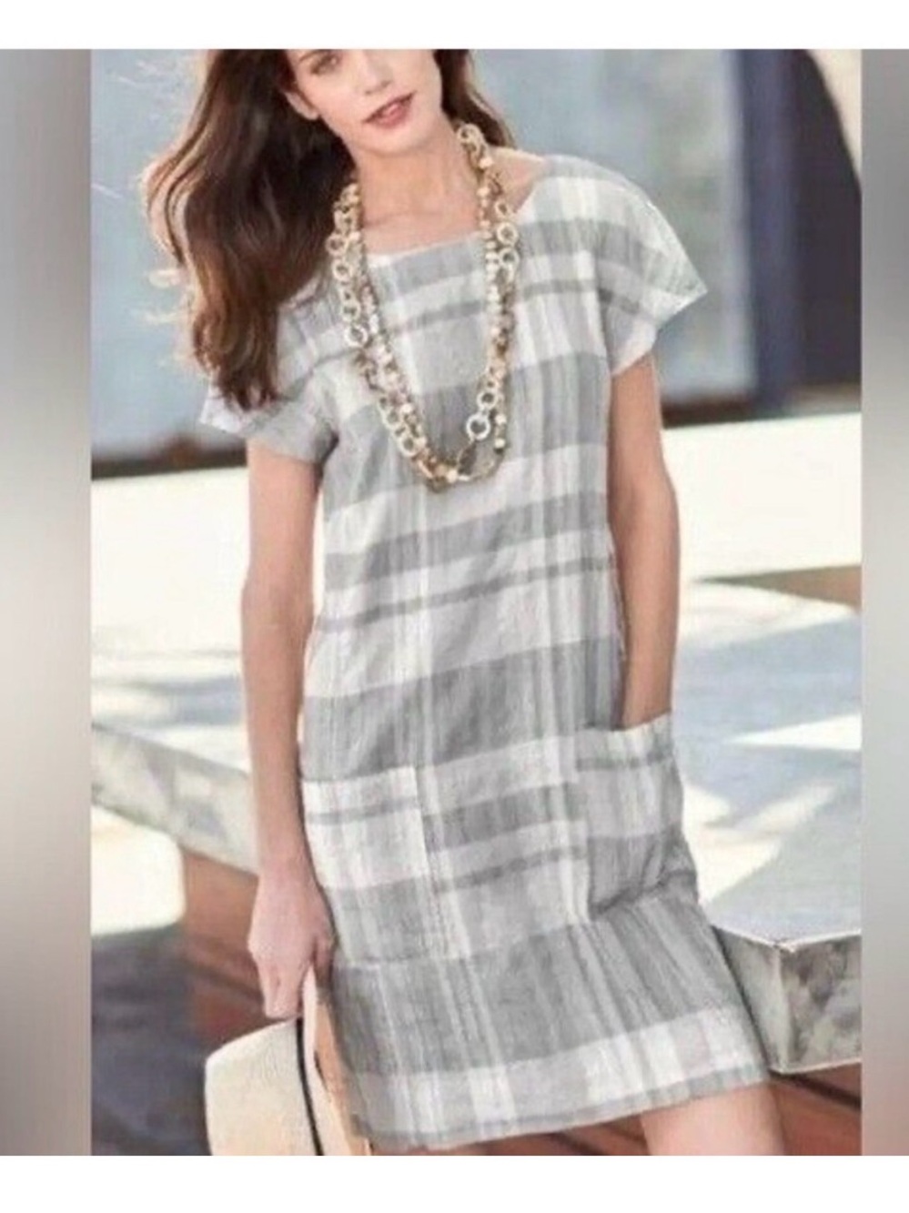 Eileen Fisher Organic Linen-Cotton Plaid Shift Dress | XS 🩶🤍